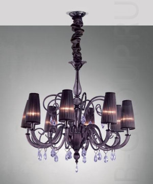 Люстра 6-рожковая под лампы 6xE14 40W, арматура - фиолетовое выдувное стекло+хромированный металл, абажур - шелковый фиолетовый. Размеры: D-102cm; H-90cm. Варианты на 12, 10, 8 или 6 ламп.