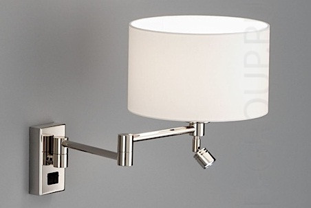 Настенныйсветильник для гостиницыпод энергосберегающую лампу 1хE27 20W и со светодиодом LED 1W. Цвет арматуры - никель, абажур - белый